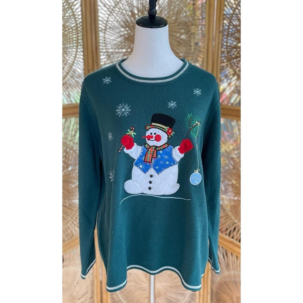 White Stag Lightweight Green Knit Embroidered Christmas Snowman Sweater XL - Picture 2 of 6